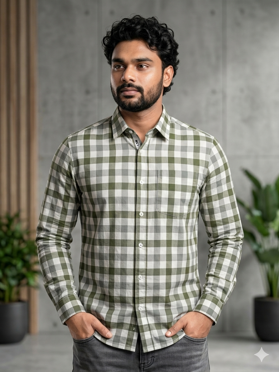 Sage Green Buffalo Check Flannel Button-Down