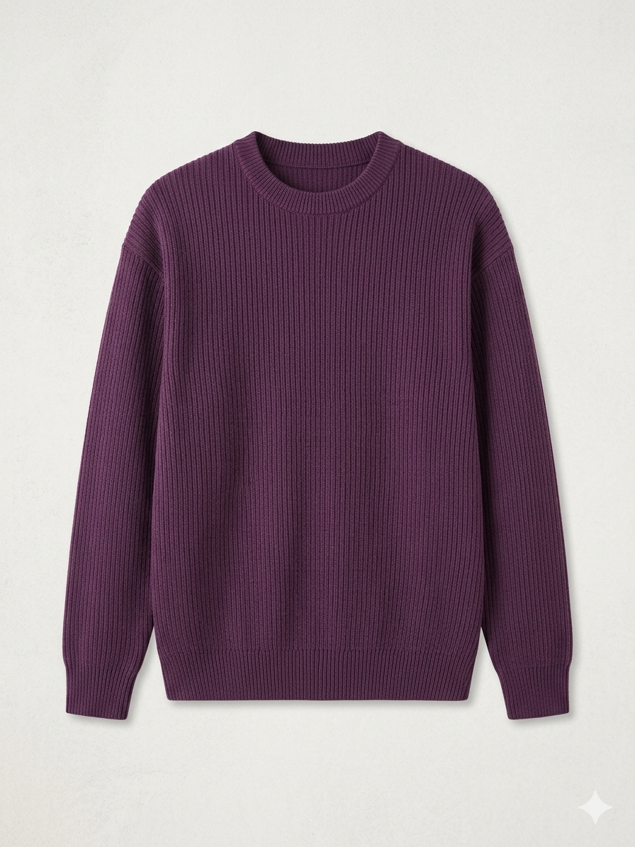 Men's Premium Plum Purple Ribbed Knit Crewneck Sweater Product Description