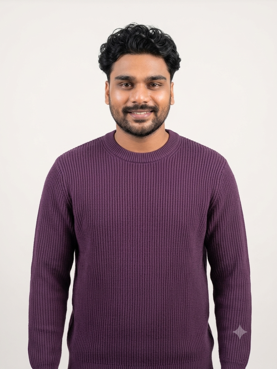 Men's Premium Plum Purple Ribbed Knit Crewneck Sweater Product Description