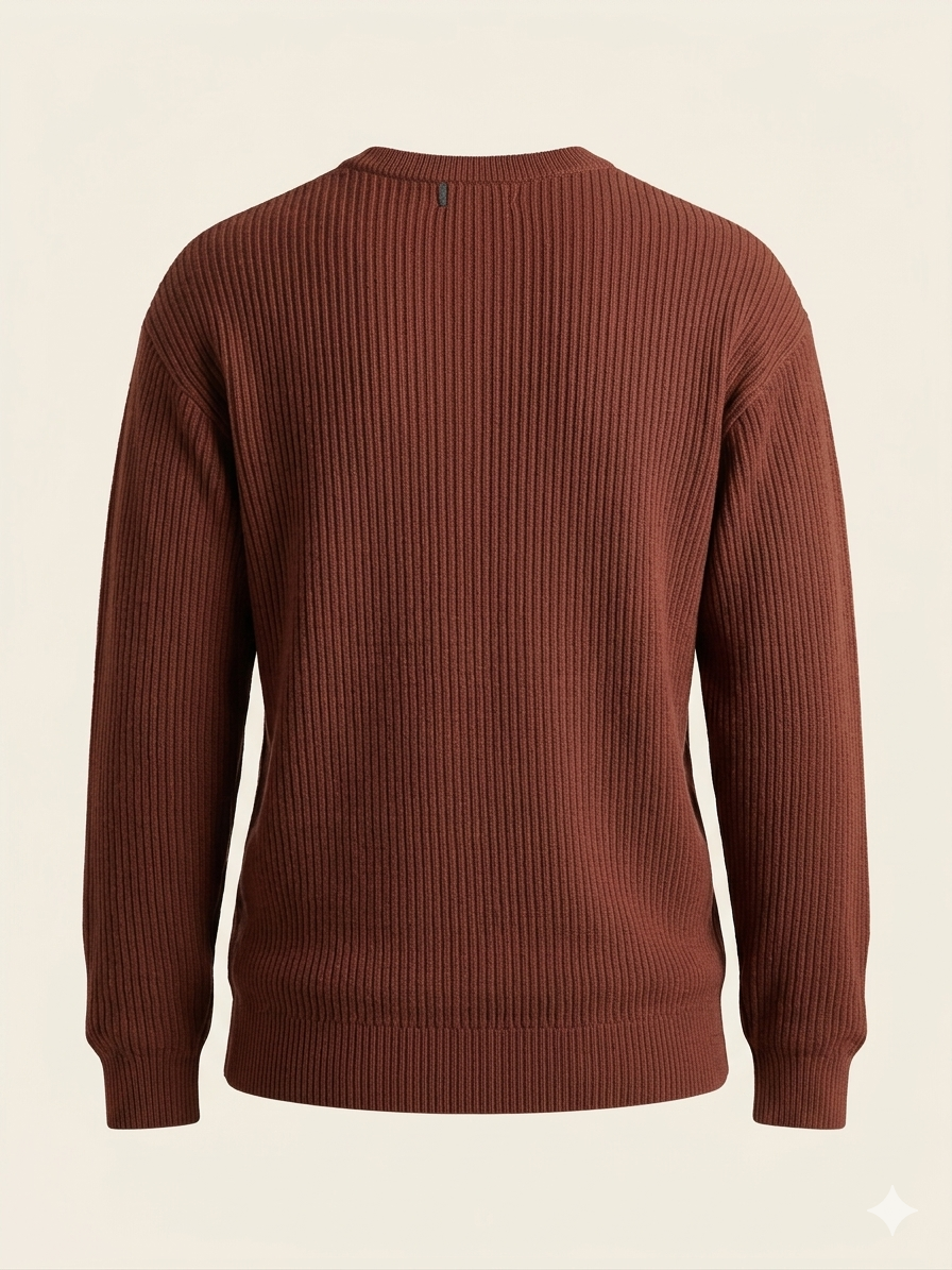 Men's Premium Chestnut Brown Ribbed Knit Crewneck Sweater