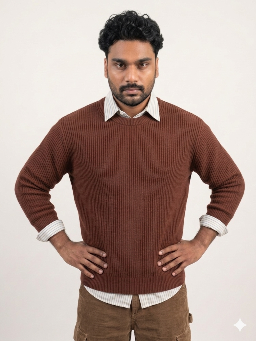 Men's Premium Chestnut Brown Ribbed Knit Crewneck Sweater