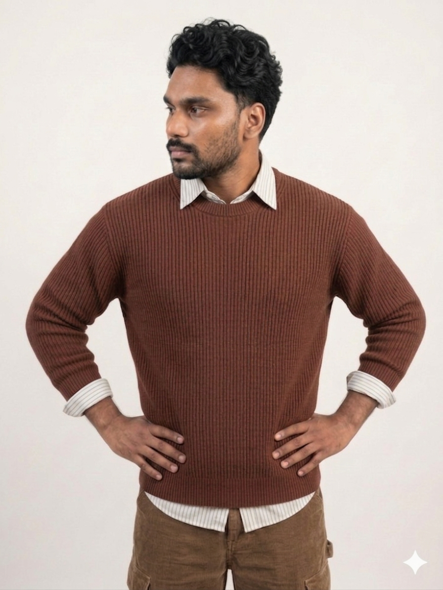 Men's Premium Chestnut Brown Ribbed Knit Crewneck Sweater