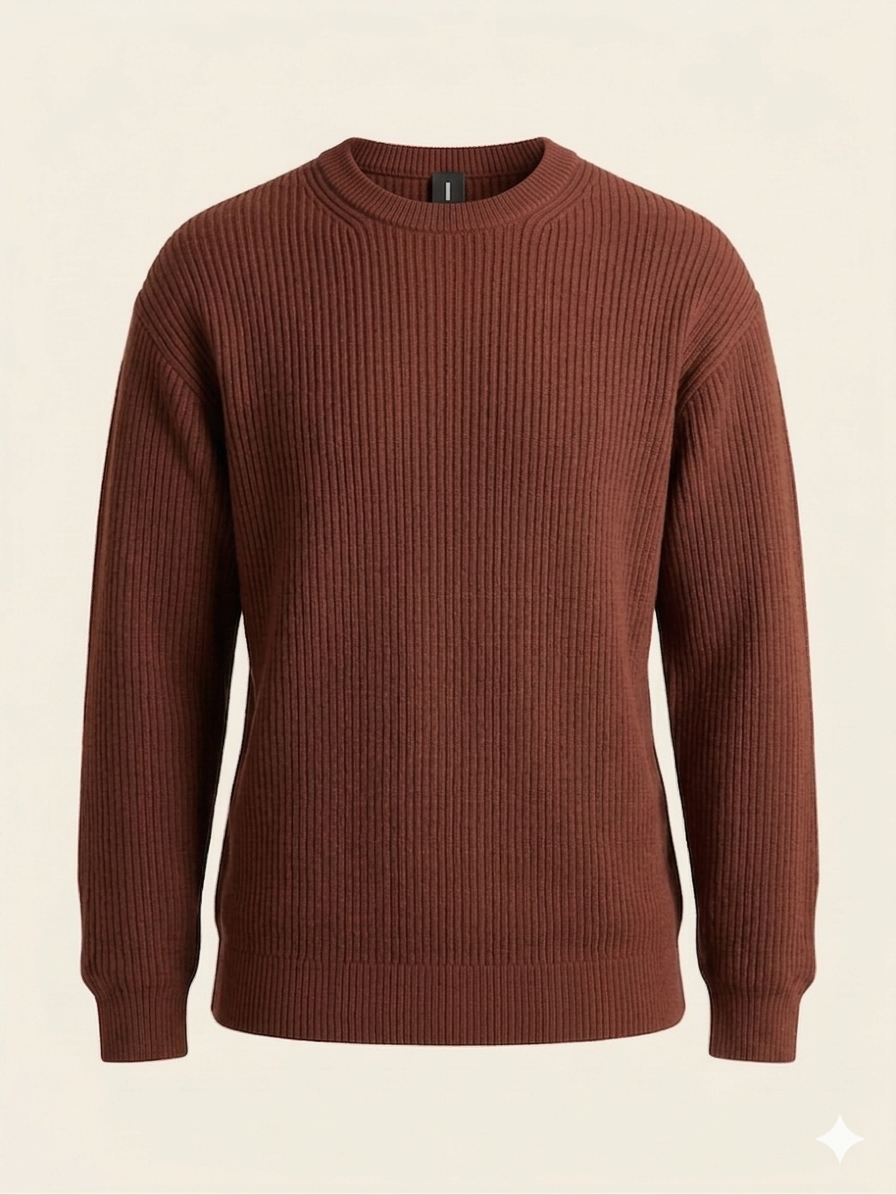 Men's Premium Chestnut Brown Ribbed Knit Crewneck Sweater