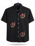 Johra Men's Black Short-Sleeve Button-Down Shirt with Floral Embroidery