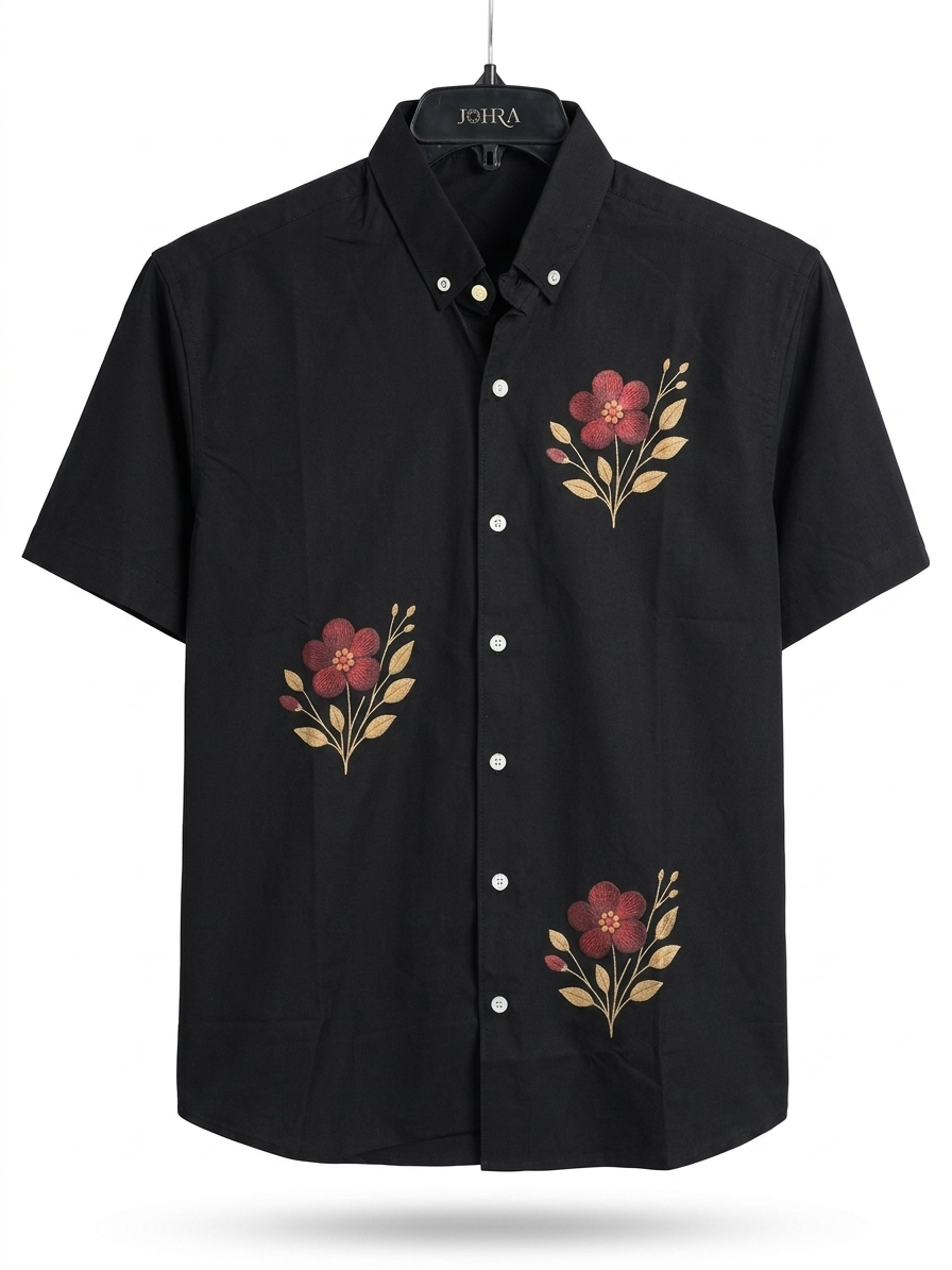 Johra Men's Black Short-Sleeve Button-Down Shirt with Floral Embroidery
