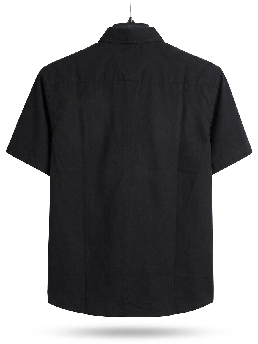 Johra Men's Black Short-Sleeve Button-Down Shirt with Floral Embroidery