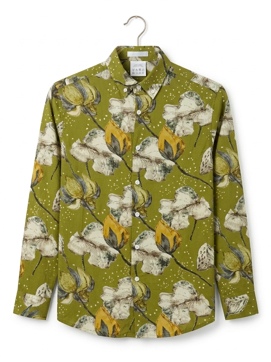 Men's Premium Olive Green Lotus Motif Printed Full-Sleeve Casual Shirt
