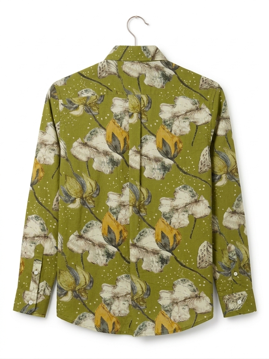 Men's Premium Olive Green Lotus Motif Printed Full-Sleeve Casual Shirt