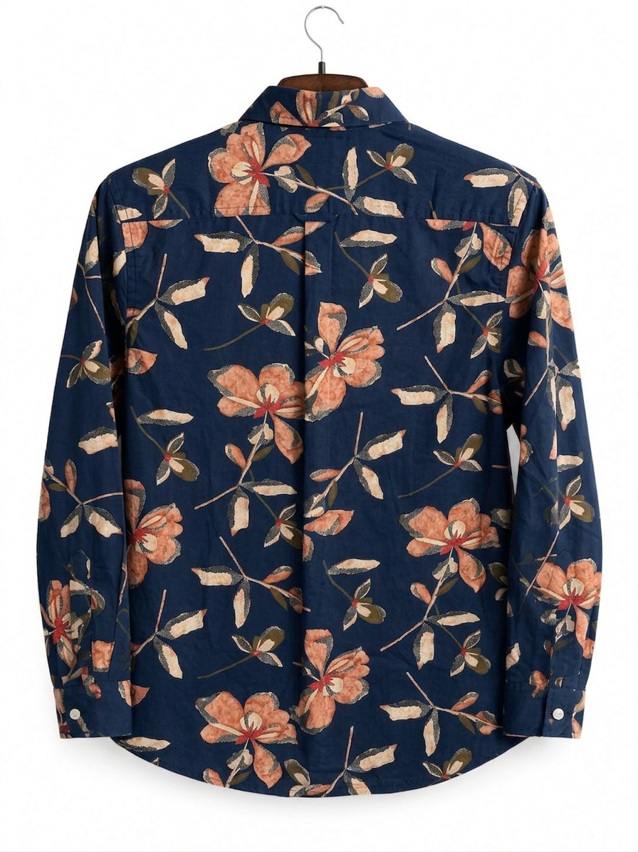 Men's Premium Black Button-Down Shirt with Monochrome Floral Border Print