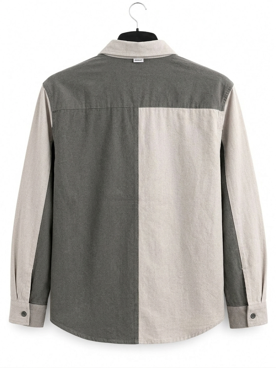 Men's Mixed-Media Color-Block Button-Down Shirt with Distressed Chenille "97" Appliqué