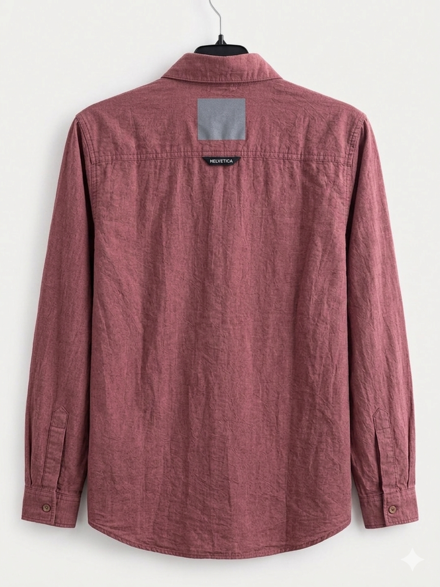 Men's Textured Mauve Long-Sleeve Shirt with Graphic Typography and Media Player Motif