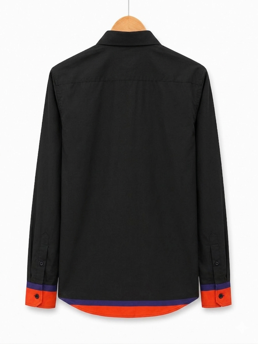 Men's Bold Graphic Streetwear Button-Down Shirt in Black with Orange and Purple Accents