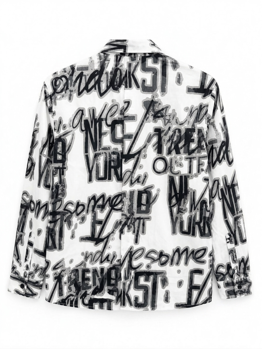 Men's White Streetwear Button-Down Shirt with All-Over Monochrome Graffiti Print