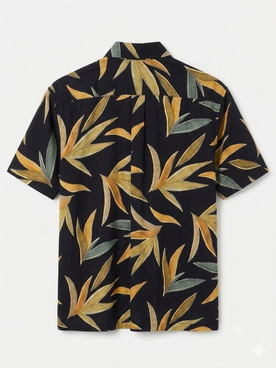Men's Black Tropical Leaf Print Short-Sleeve Button-Up Shirt