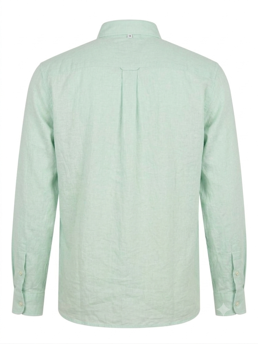 Men's Mint Green Linen-Blend Long-Sleeve Button-Down Shirt with Floral Embroidery