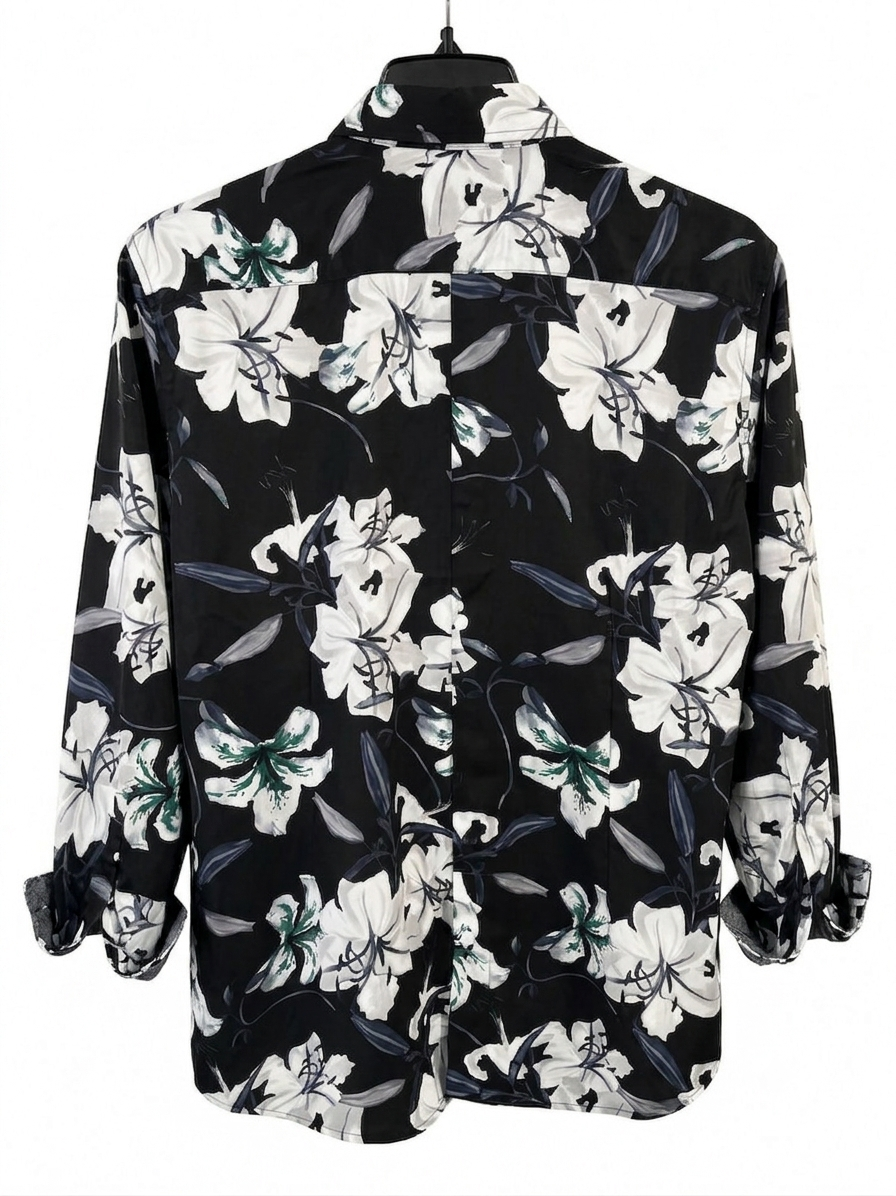 Men's Black Long-Sleeve Button-Up Shirt with White Floral Lily Print