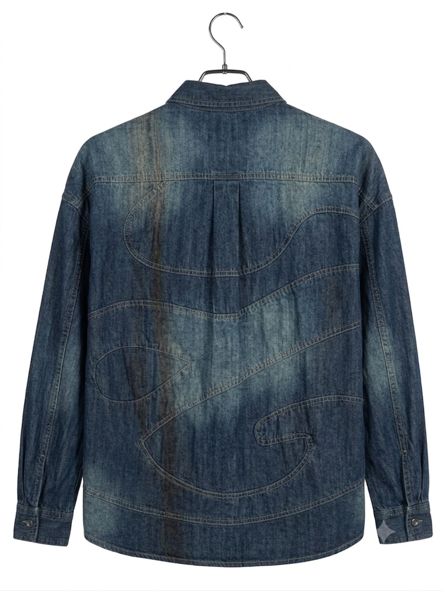Men's Vintage Wash Blue Denim Long-Sleeve Shirt with Abstract Seam Detailing