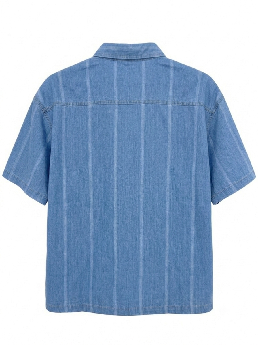 Men's Light Wash Pinstripe Denim Short-Sleeve Shirt with Raw-Edge Star Patch