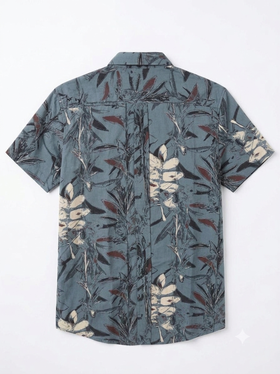 Men's Slate Blue Abstract Botanical Print Short-Sleeve Shirt