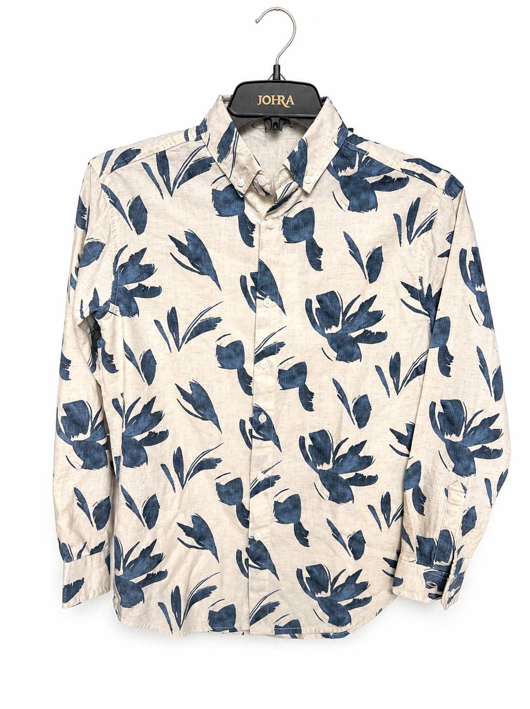 Men’s Off-White Linen-Blend Shirt with Abstract Blue Floral Print