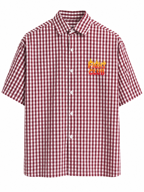 Burgundy Gingham Check Short-Sleeve Button-Down Shirt – "Fight Club" Flame Graphic