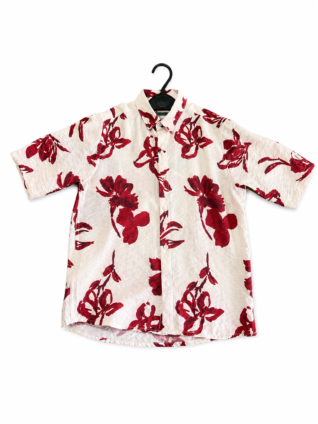 Vintage-Style Deep Red Floral Print Camp/Resort Shirt