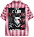 Burgundy Gingham Check Short-Sleeve Button-Down Shirt – "Fight Club" Flame Graphic