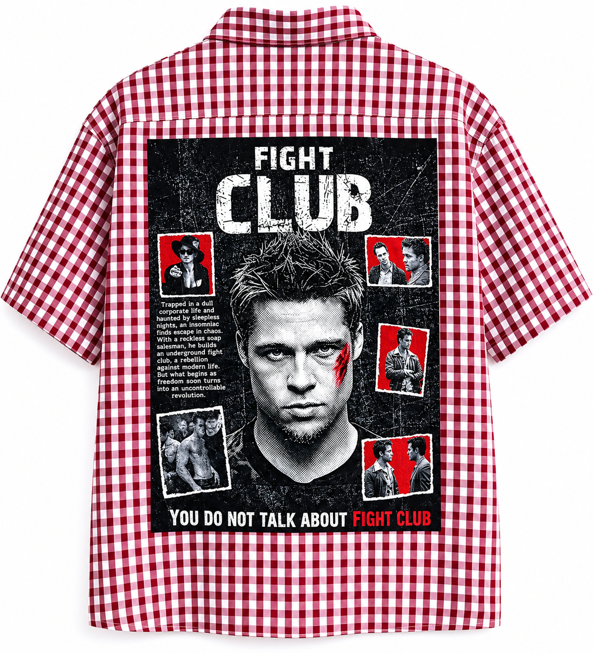 Burgundy Gingham Check Short-Sleeve Button-Down Shirt – "Fight Club" Flame Graphic