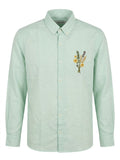 Men's Mint Green Linen-Blend Long-Sleeve Button-Down Shirt with Floral Embroidery