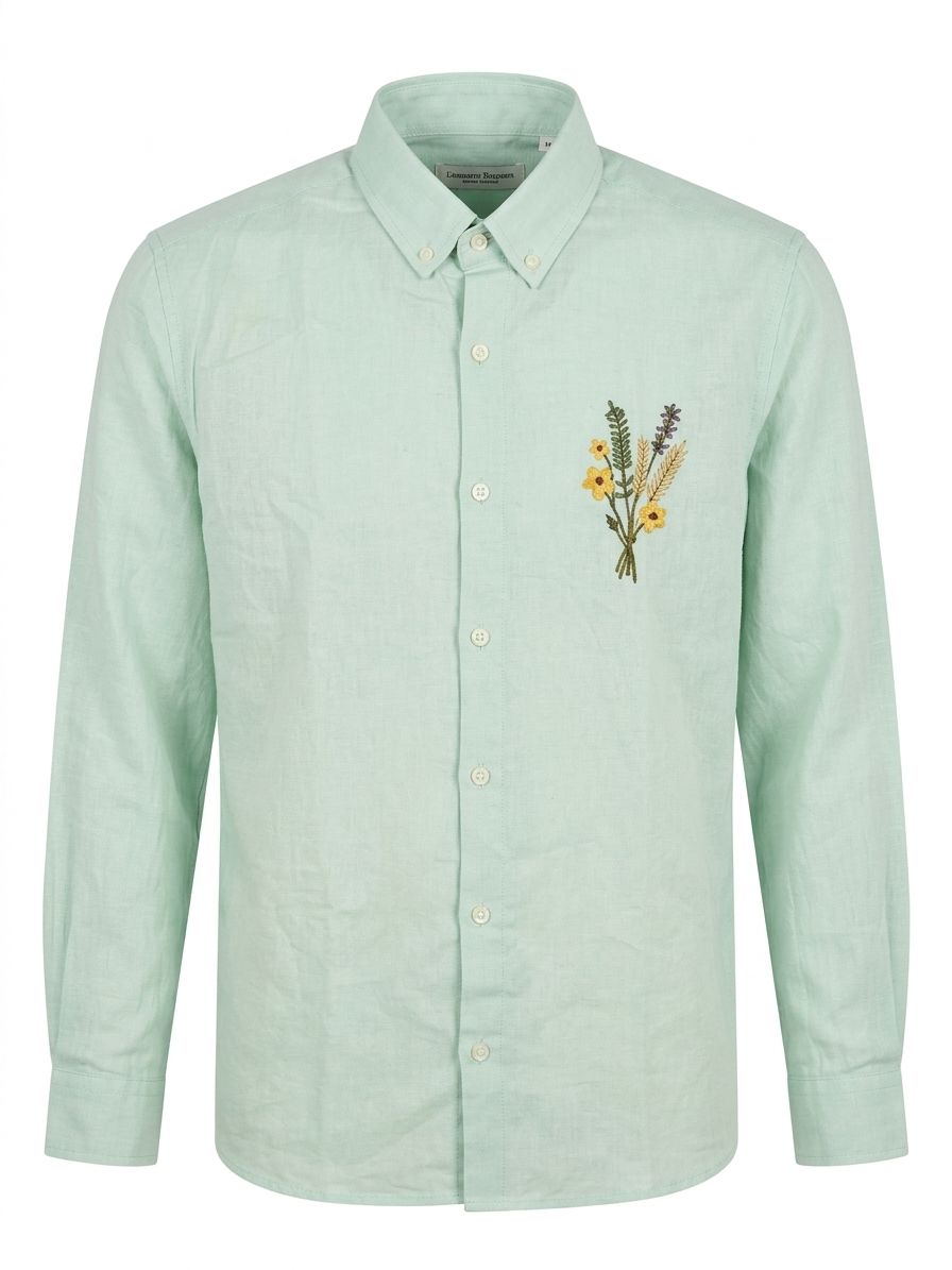 Men's Mint Green Linen-Blend Long-Sleeve Button-Down Shirt with Floral Embroidery