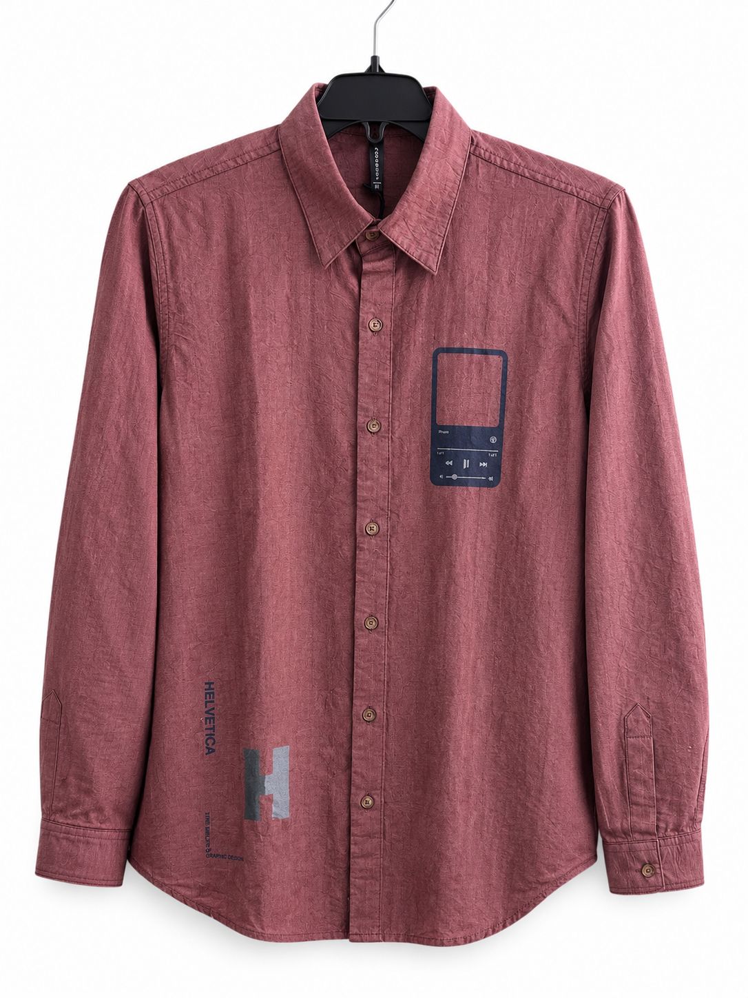 Men's Textured Mauve Long-Sleeve Shirt with Graphic Typography and Media Player Motif