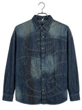 Men's Vintage Wash Blue Denim Long-Sleeve Shirt with Abstract Seam Detailing