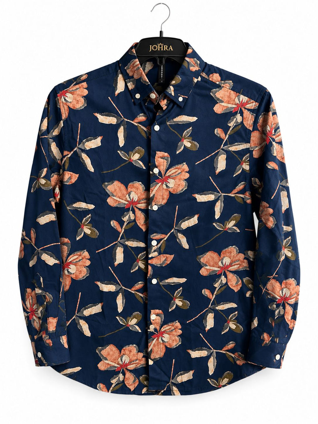 Men's Premium Black Button-Down Shirt with Monochrome Floral Border Print