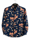 Men's Premium Black Button-Down Shirt with Monochrome Floral Border Print