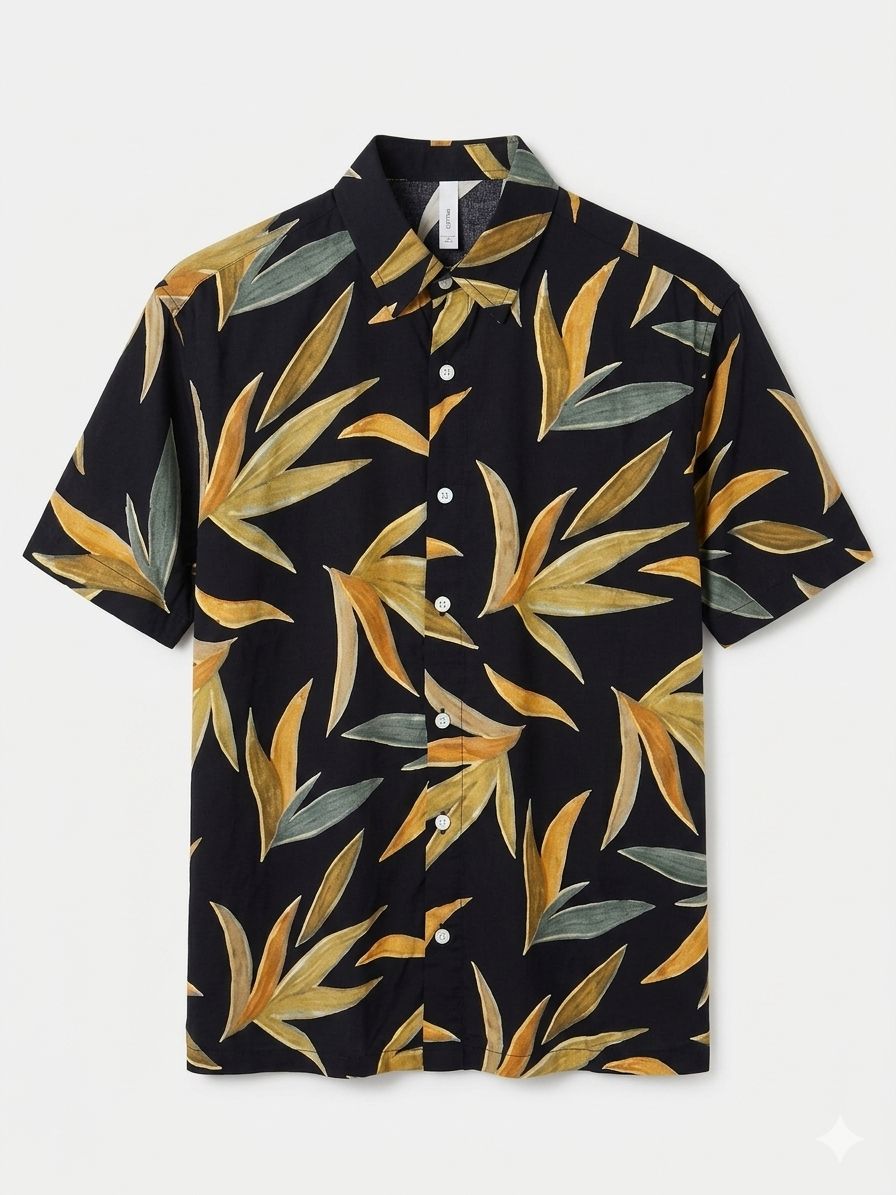 Men's Black Tropical Leaf Print Short-Sleeve Button-Up Shirt