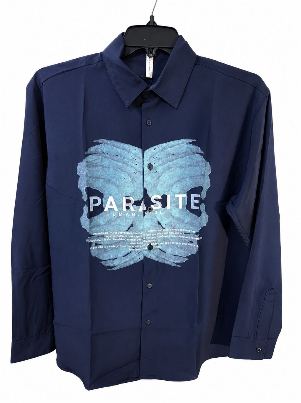 Men's Navy Long-Sleeve Graphic Shirt - "Parasite Human Rise"