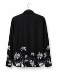 Men's Premium Black Button-Down Shirt with Monochrome Floral Border Print