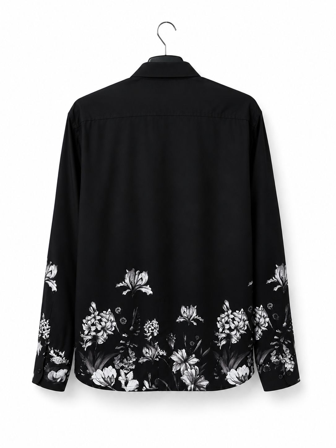 Men's Premium Black Button-Down Shirt with Monochrome Floral Border Print