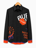 Men's Bold Graphic Streetwear Button-Down Shirt in Black with Orange and Purple Accents