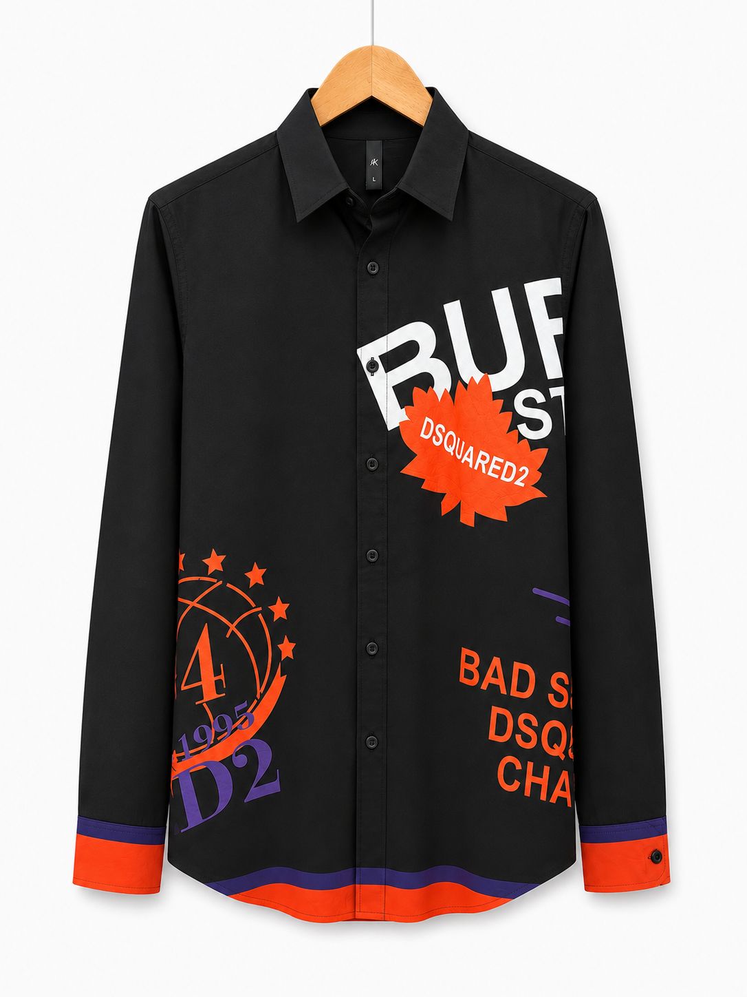 Men's Bold Graphic Streetwear Button-Down Shirt in Black with Orange and Purple Accents