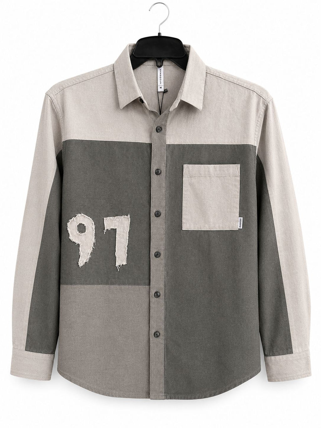 Men's Mixed-Media Color-Block Button-Down Shirt with Distressed Chenille "97" Appliqué