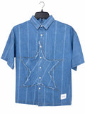Men's Light Wash Pinstripe Denim Short-Sleeve Shirt with Raw-Edge Star Patch