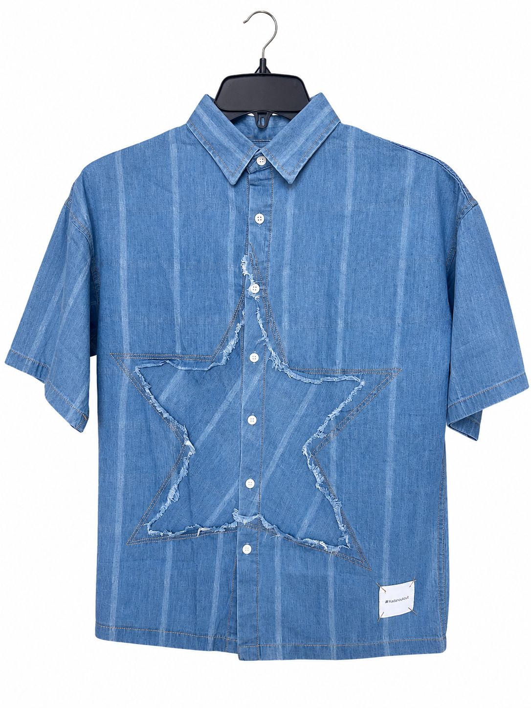 Men's Light Wash Pinstripe Denim Short-Sleeve Shirt with Raw-Edge Star Patch