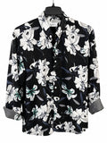 Men's Black Long-Sleeve Button-Up Shirt with White Floral Lily Print