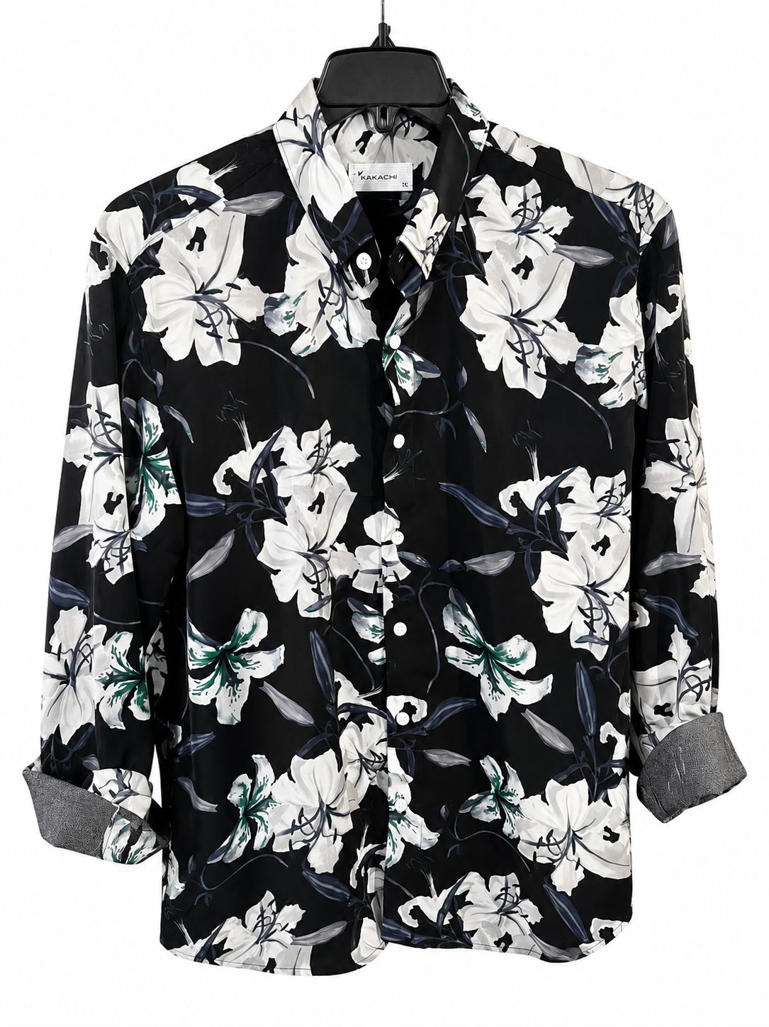 Men's Black Long-Sleeve Button-Up Shirt with White Floral Lily Print