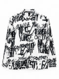 Men's White Streetwear Button-Down Shirt with All-Over Monochrome Graffiti Print