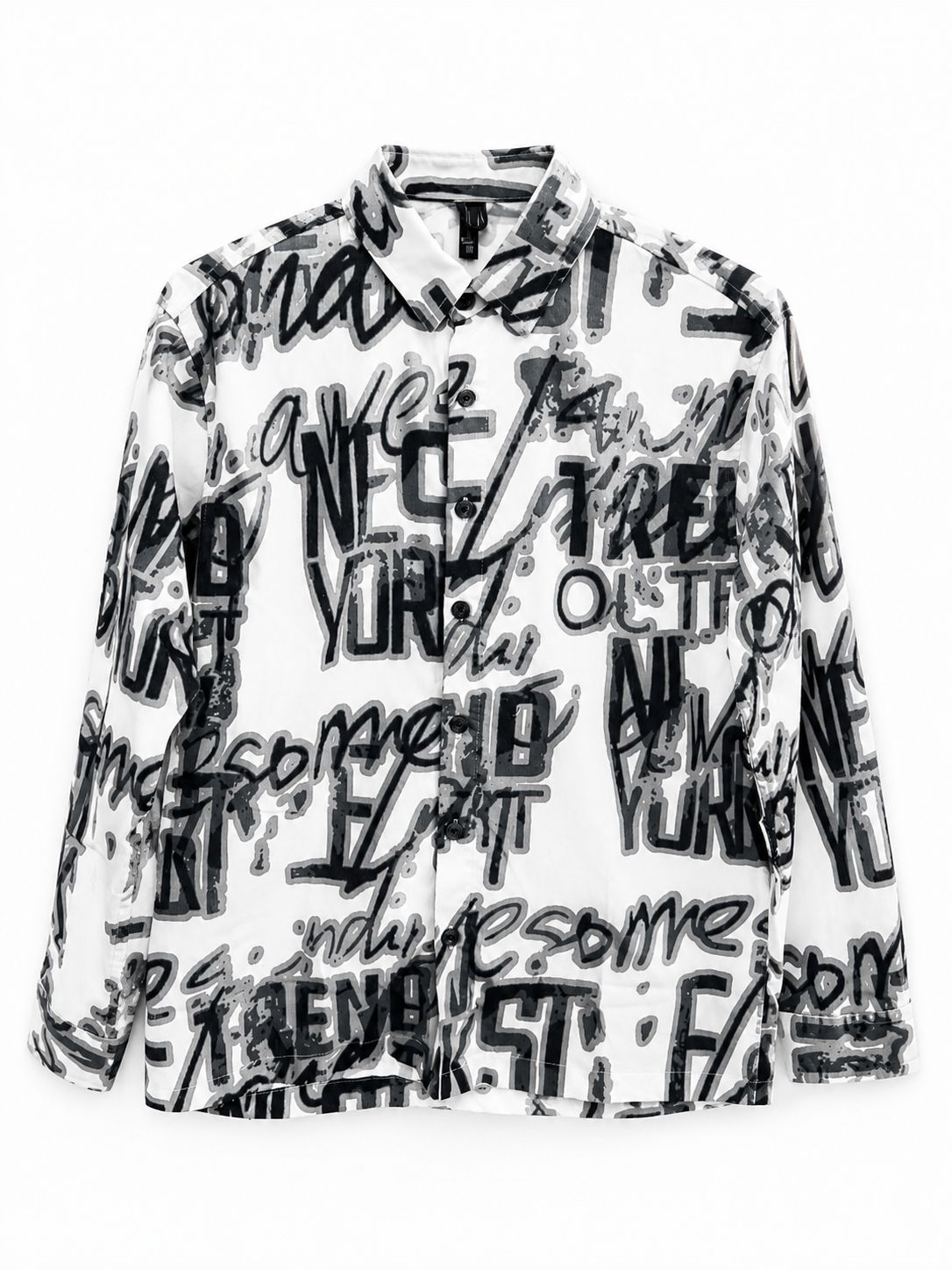 Men's White Streetwear Button-Down Shirt with All-Over Monochrome Graffiti Print