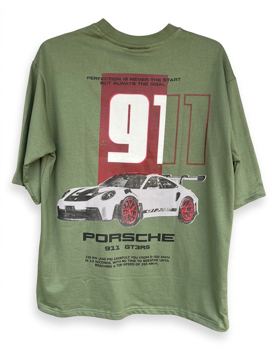 Porsche 911 GT3 RS Oversized Graphic Half Sleeve T-Shirt – Olive Green
