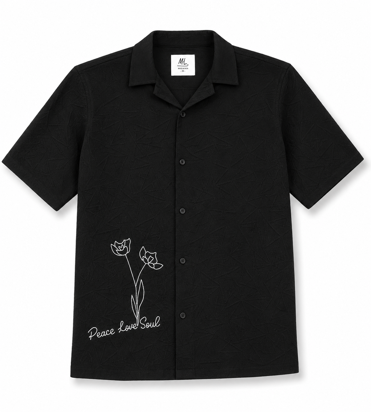 Textured Seersucker Camp Collar Shirt with "Peace Love Soul" Graphic