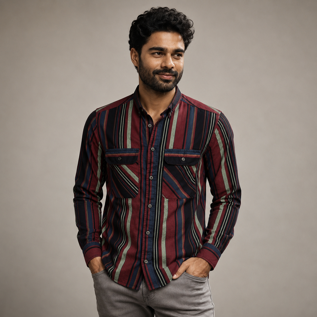 Multi-Color Vertical Stripe Utility Workshirt